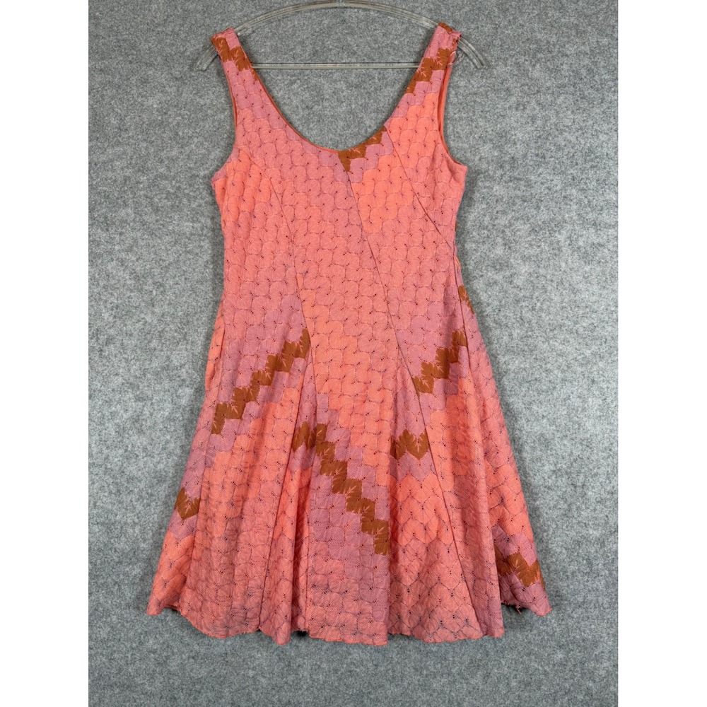 Free People Fit Flare Dress Womens Size M Coral Pink Knit Lace Excellent Boho
